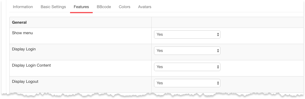 Kunena template - Features settings